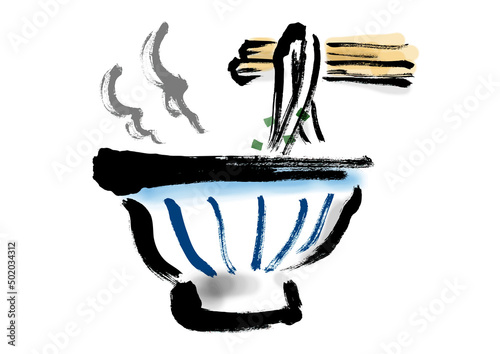 うどんを箸で持ち上げる横から見た手描き和風イラスト