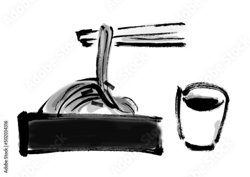 ざるそばを箸で持ち上げる横から見た手描き和風イラスト　モノクロ