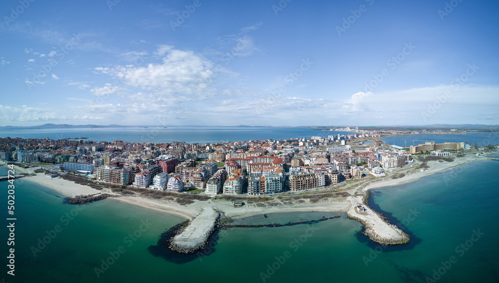 Fototapeta premium Panorama of the top view of the city located on the peninsula and surrounded by the Black Sea