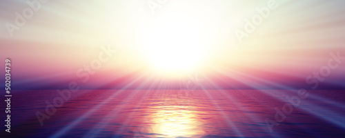 Fotografiet sunset sea sun ray clear sky. 3d rendering