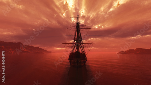 old ship sunset at sea 3d rendering