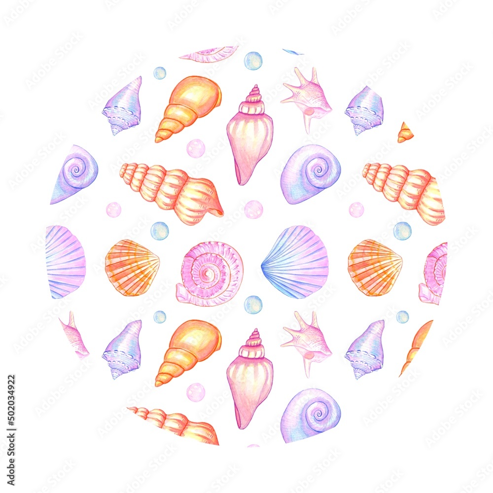 Round background with watercolor seashells