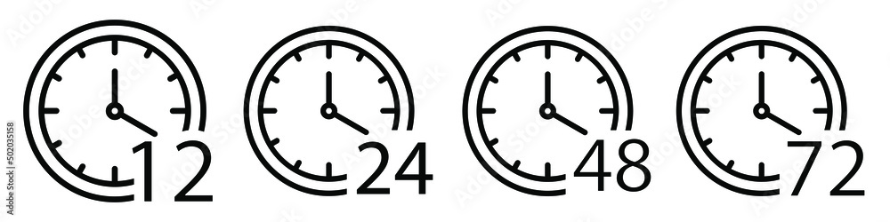 Set of time icon, arrow hours 12, 24,48 and 72, delivery service time, work time clock, thin line web symbols. Set of time icon, arrow hours 12, 24,48 and 72, delivery service time, work time clock, thin line web symbols.