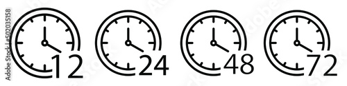 Set of time icon, arrow hours 12, 24,48 and 72, delivery service time, work time clock, thin line web symbols.