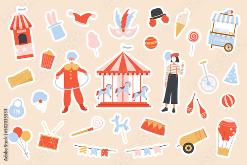 Funny circus and carnaval party stickers set vector illustration. Cartoon carousel, clown and mime characters in costumes, balloon, tickets and bunny in hat. Performance, amusement park concept