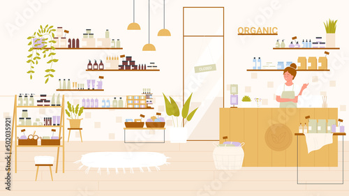 Cosmetic shop or beauty department store with skincare and makeup eco products on wooden shelves in shopping mall vector illustration. Cartoon female seller waiting client at counter background