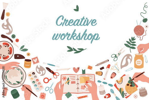 Creative art class and craft hobby workshop banner vector illustration. Cartoon hands painting with brush and pencil, holding scrapbook with diy tools and supplies poster background. craftwork concept