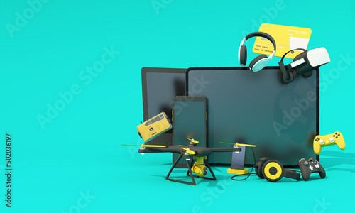 online shopping concept about electronics and gadgets in modern promotion period of new models consist of phone, vr, headphone, with drone and credit card on green background. realistic 3d rendering photo