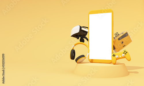 online shopping concept about electronics and gadgets in modern promotion period of new models consist of phone, vr, headphone, with drone and credit card on yellow background. realistic 3d rendering photo