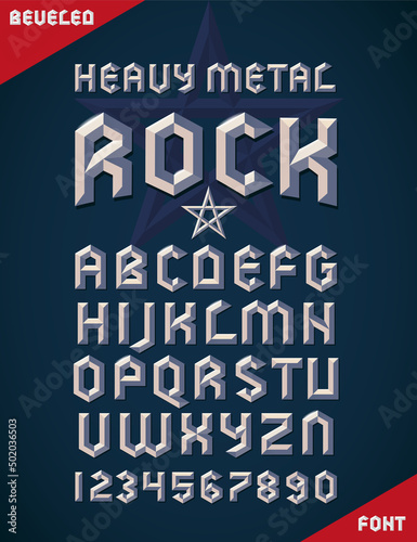 Gothic font, metallic beveled alphabet and numbers. Upper case. Vector illustration.