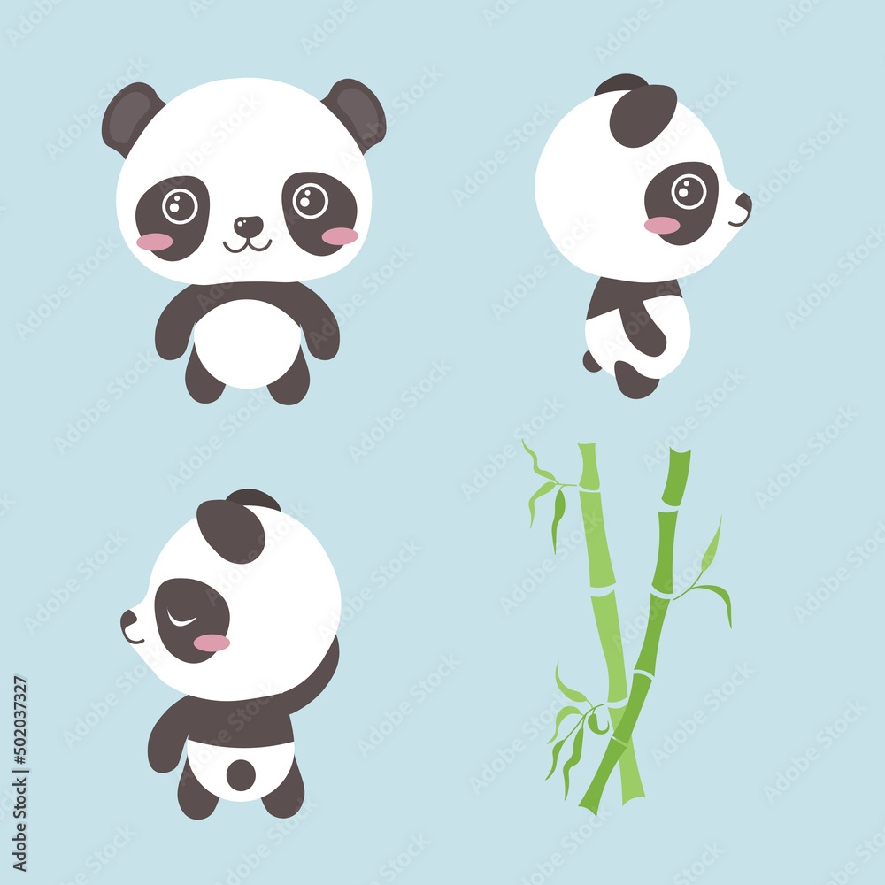 Set of beautiful character pandas on blue background. Vector illustration charming animals in different poses front and side view, dancing and bamboo near in cartoon style.