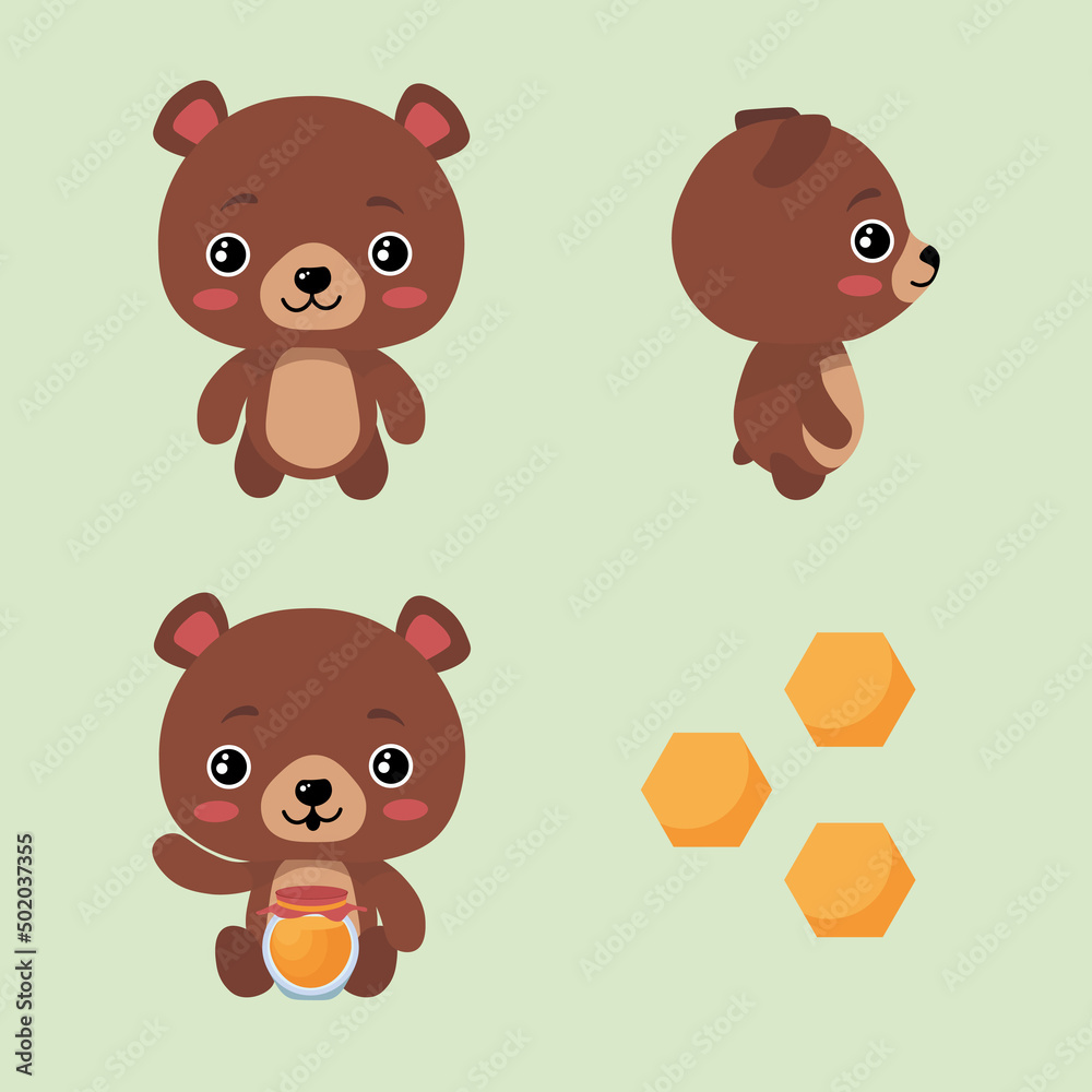 Set of beautiful character bears on green background. Vector illustration charming animals in different poses front and side view, eating honey and honeycomb near in cartoon style. Set of beautiful character bears on green background. Vector illustration charming animals in different poses front and side view, eating honey and honeycomb near in cartoon style.