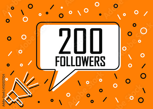 200 Followers. Banner for social media and advertising with megaphone. Vector illustration orange and white