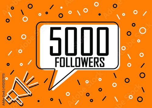 5000 Followers. Banner for social media and advertising with megaphone. Vector illustration orange and white