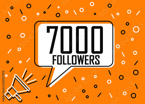 7000 Followers. Banner for social media and advertising with megaphone. Vector illustration orange and white