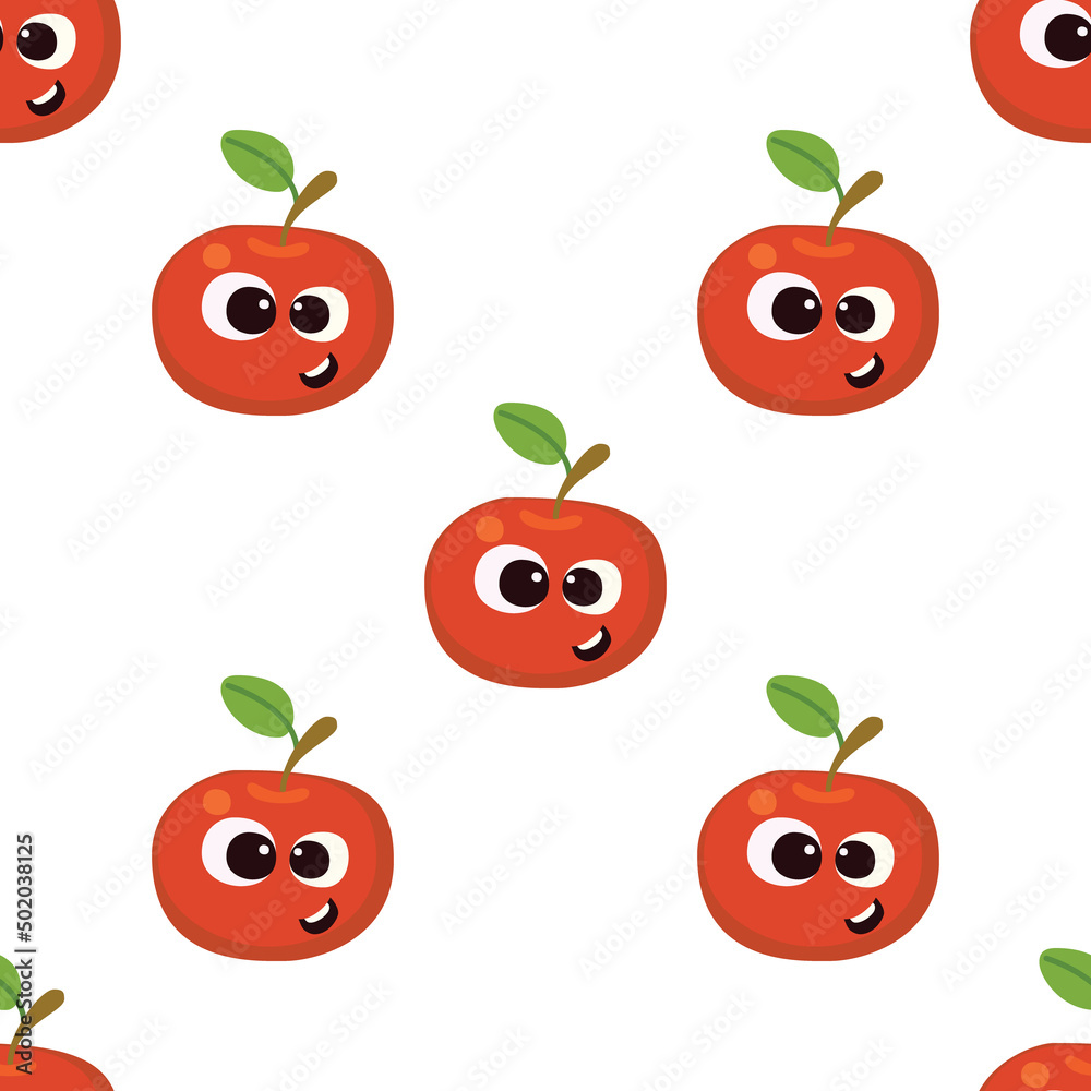 Fruit baby cartoon seamless pattern. Apple character with cute face pattern. Food background for kids wear or toys