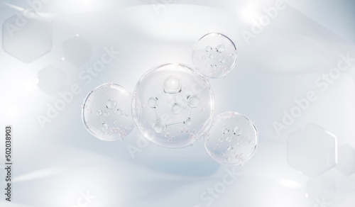 Transparent liquid bubble, Molecule inside liquid bubble on soft background, Cosmetic essence concept, 3d rendering.