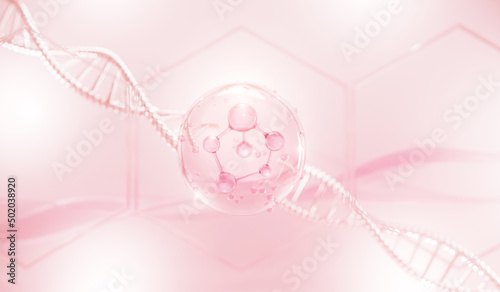 Molecule inside bubble on pink background, Cosmetic Essence oil Liquid, concept skin care cosmetics solution. 3d rendering.