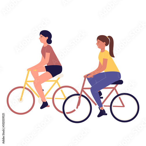 Female happy friends riding on bicycles. Outdoor recreation and healthy leisure time activity cartoon vector illustration