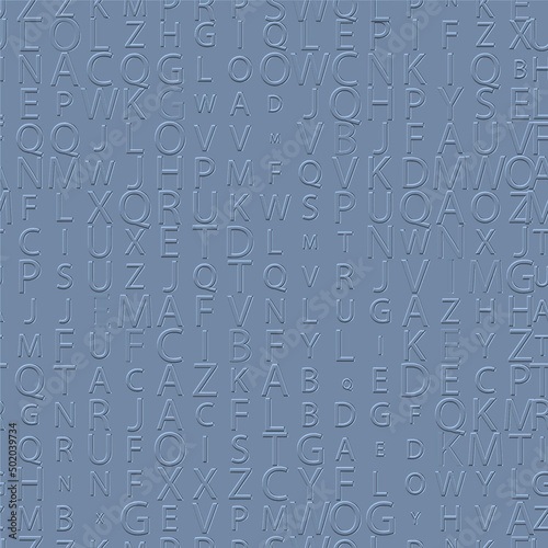 Emboss alphabet 3d seamless pattern. Modern blue abc background. Repeat surface typeset backdrop. Embossed letters ornament. Relief fonts collection. 3d Abc symbols and signs. Letters endless texture