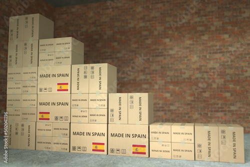 Declining bar chart made with boxes with made in Spain text. Conceptual 3D rendering