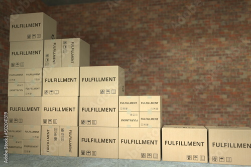 Declining bar chart made with boxes with fulfillment text. Conceptual 3D rendering