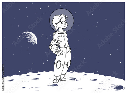 Woman girl wearing astronaut suit happy on moon in space cartoon vector