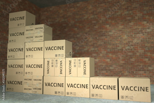 Declining bar chart made with boxes with vaccine. Conceptual 3D rendering