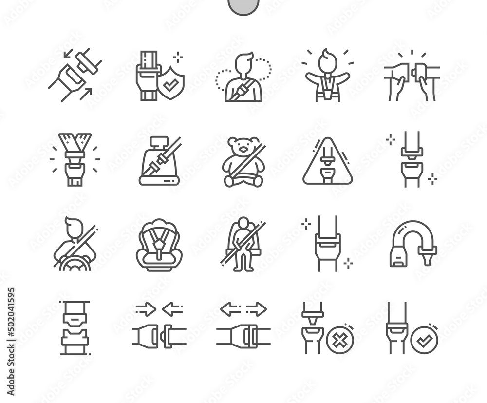 Seatbelt. Drive safety. Baby seat. Approved seatbelt. Pixel Perfect Vector Thin Line Icons. Simple Minimal Pictogram