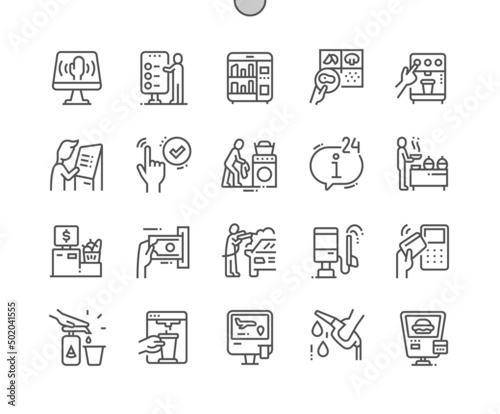Self service kiosk. Making coffee. Automatic mahine. Customer support. Pixel Perfect Vector Thin Line Icons. Simple Minimal Pictogram