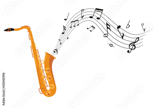 Golden saxophone with music notes isolated on white background. Wind classical jazz musical instrument. Vector illustration in flat or cartoon style