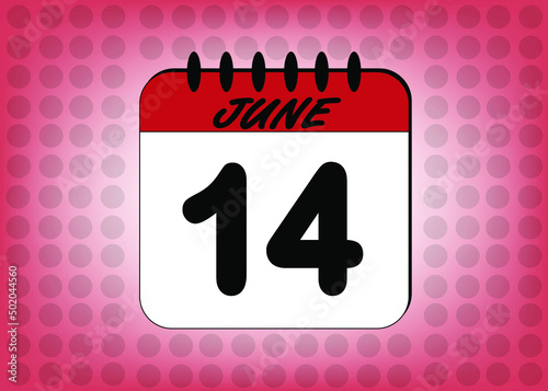 Day 14 June calendar. Banner with calendar page template for june days in red color with polka dot background