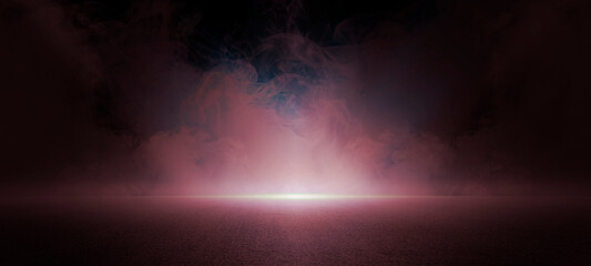 The dark stage shows, red  background, an empty dark scene, neon light, spotlights The asphalt floor and studio room with smoke float up the interior texture for display products