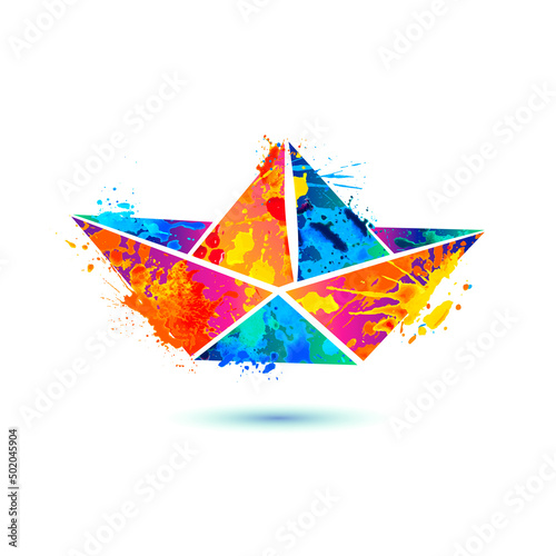 Paper boat silhouette. Vector watercolor splash paint icon