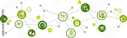 e-bike / pedelec vector illustration. Green concept with no people & icons related to ebike / electric bicycle riding, ecological / new mobility & transportation, urban biking.