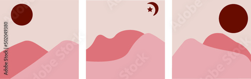 Set of abstract landscape posters. Modern minimalist art print. Aesthetic background landscape with mountains, sunset, sunrise. Arth tones, burnt orange, terracotta colors. 