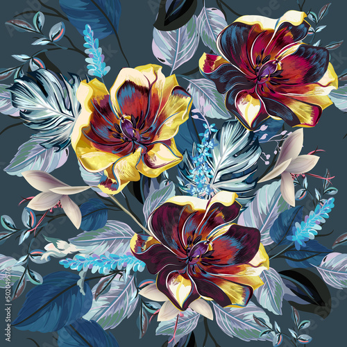 Beautiful fashion fabric pattern with tulip flowers in vintage style