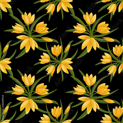 Yellow flowers . Flower bush. Seamless pattern on a black background.