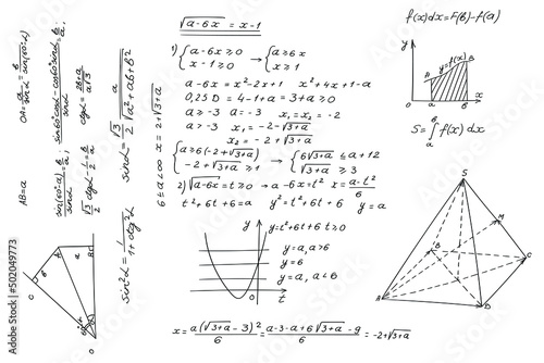 Mathematical equations, arithmetic calculations, graphs, symbols,  proof and scientific research in the field of algebra and geometry. Vector background