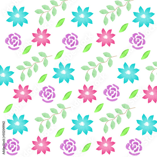 Pattern with watercolor flowers and leaves