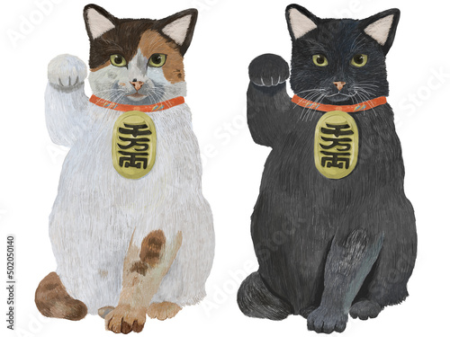 右手を上げる招き猫風猫セット