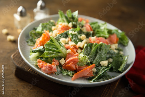 Homemade Caesar salad with smoked salmon