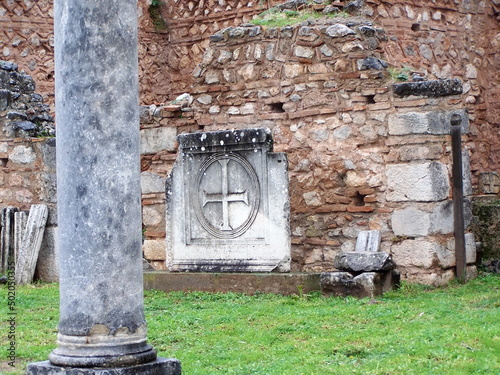 Bas relief carving in the ruins of Delphi in Phocis, Greece photo