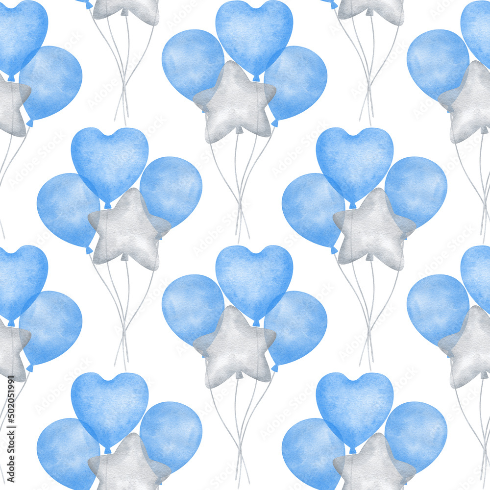 Blue balloons. Seamless pattern with watercolor blue air ball ...