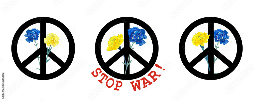 Panoramic view with peace sign, blue, yellow carnations flowers on white background. Creative concept solidarity with Ukraine. Show resistance against war, for peace and harmony in the world. Vector Panoramic view with peace sign, blue, yellow carnations flowers on white background. Creative concept solidarity with Ukraine. Show resistance against war, for peace and harmony in the world. Vector