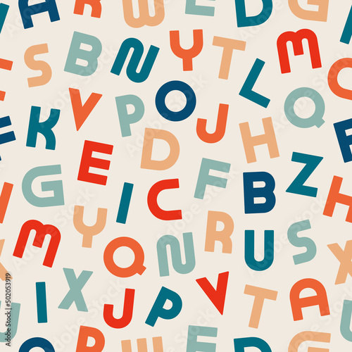 Vector seamless alphabet pattern - retro design. Colorful vintage background with bright latin letters. Trendy textile print
