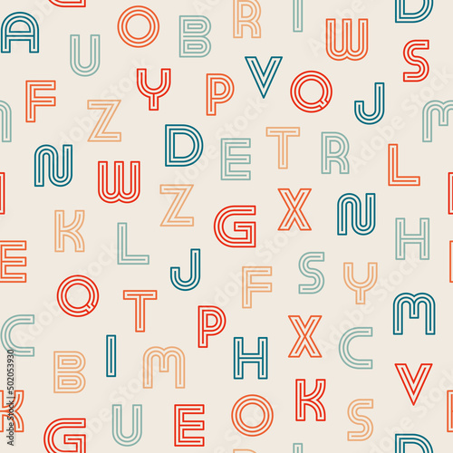 Vector seamless alphabet pattern - retro design. Colorful vintage background with latin letters. Trendy textile print