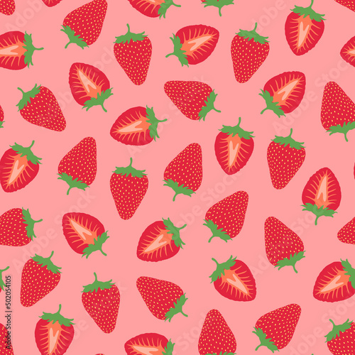 Seamless stawberry pattern - hand drawn design. Trendy summer background - bright red cover. Vibrant fruit print. Vector illustration