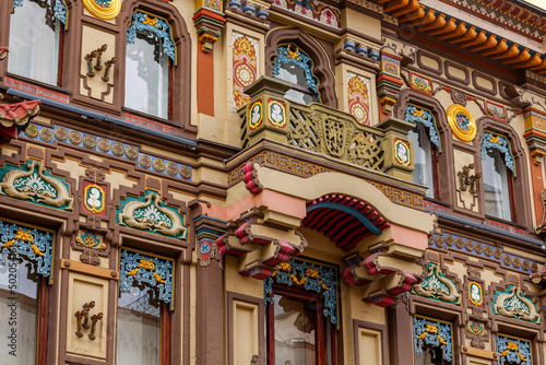 Moscow, Russia, April 30, 2022. Myasnitskaya street, a fragment of the architectural ensemble. Perlov's Tea House - famous store