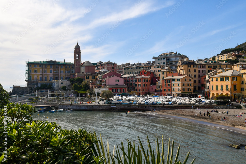 Scenic view of the small port of the old fishing village in a spring day, Nervi, Genoa, Liguria, Italy
